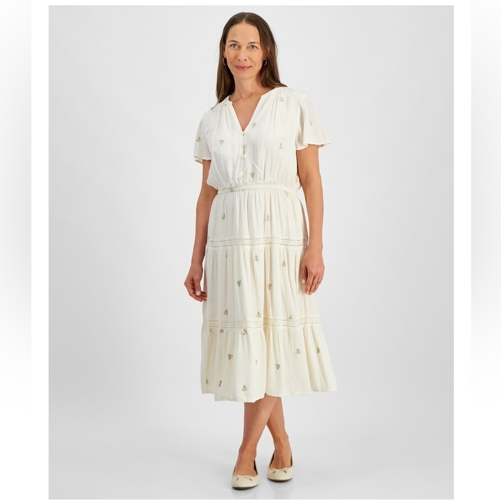 Style & Co Tulip v-neck lace trim tier a-line midi dress embroidered medium NEW
